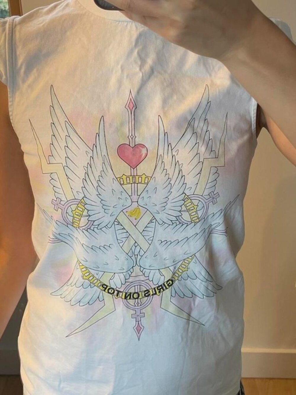 Ganni white cotton tank top with graphic of two winged figures